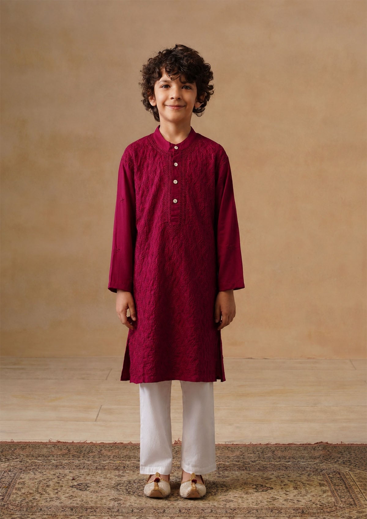 HOC Kids Wine Cotton Chikankari Kurta Set
