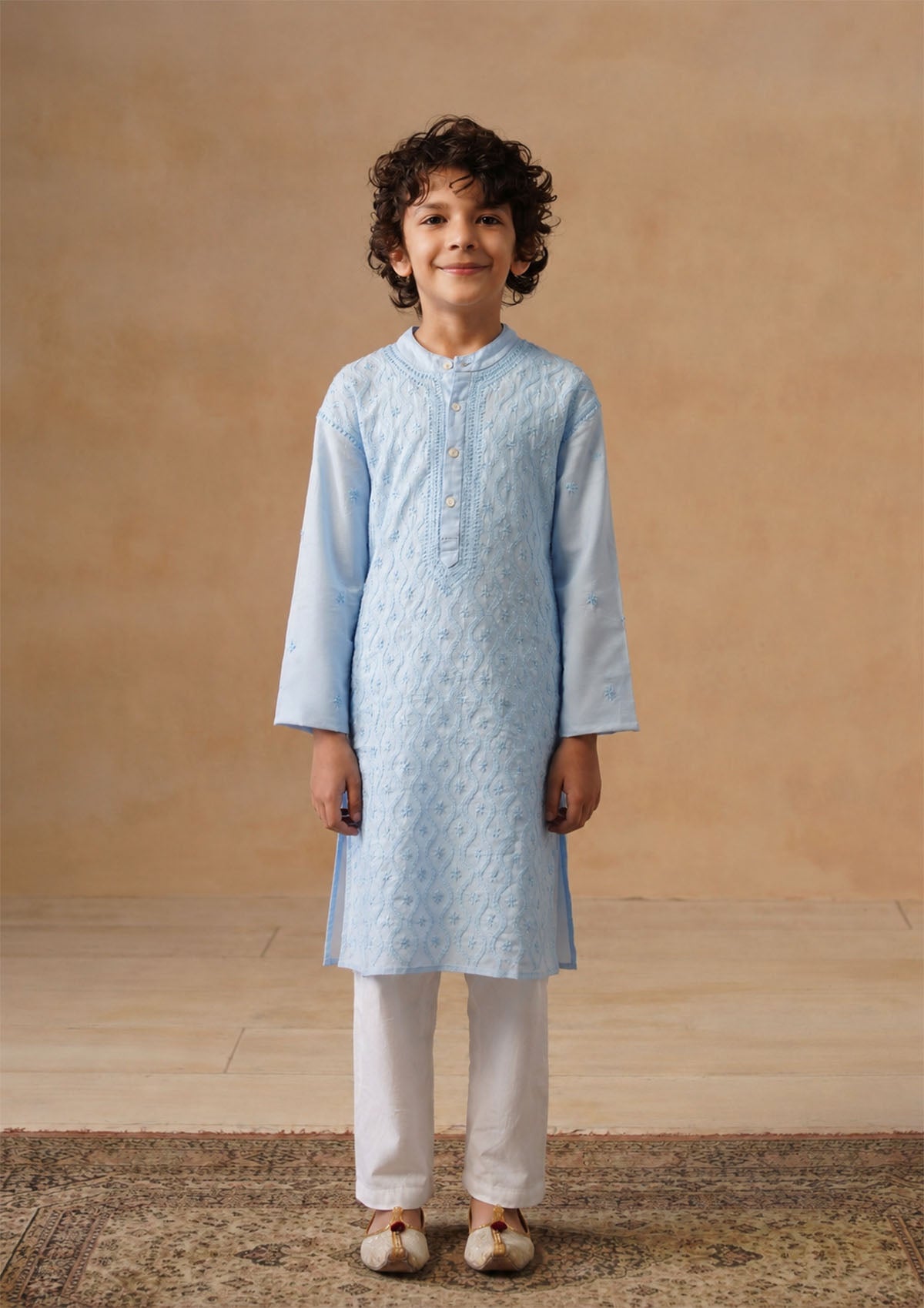 HOC Kids Blue Cotton Chikankari Kurta Set