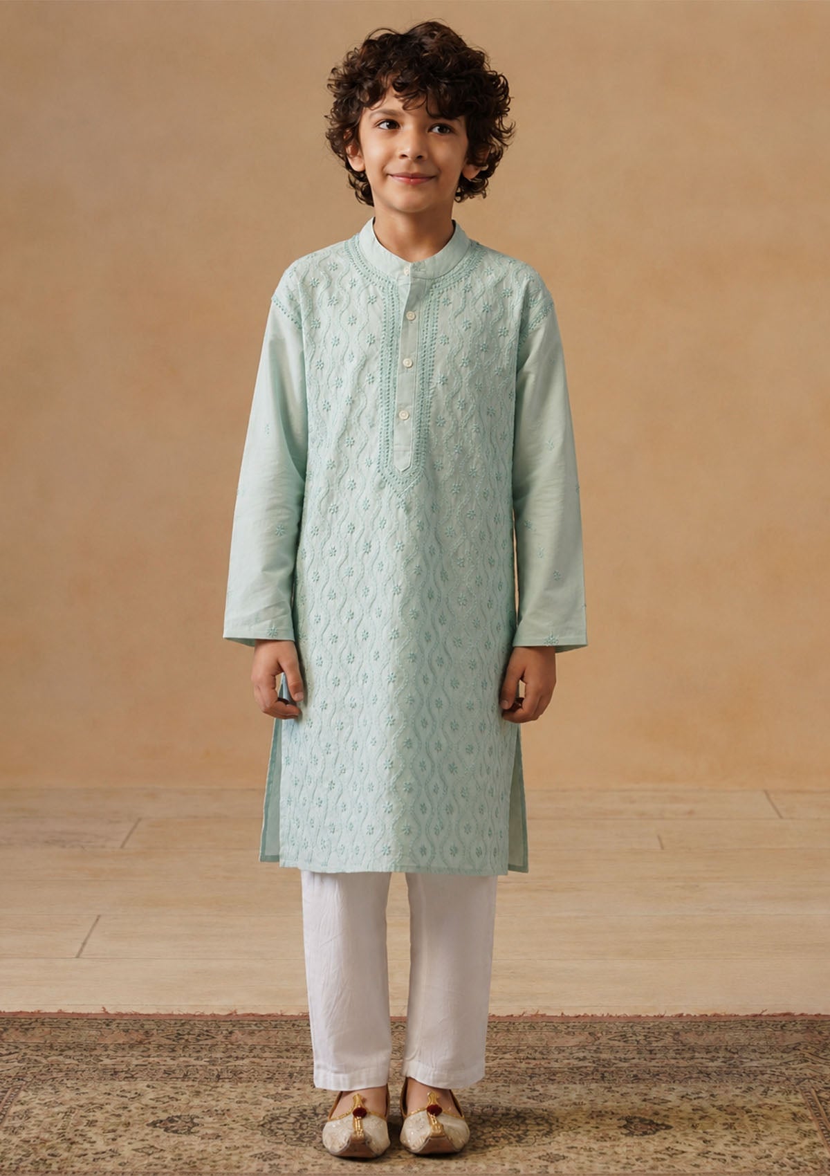 HOC Kids Sage Green Cotton Chikankari Kurta Set