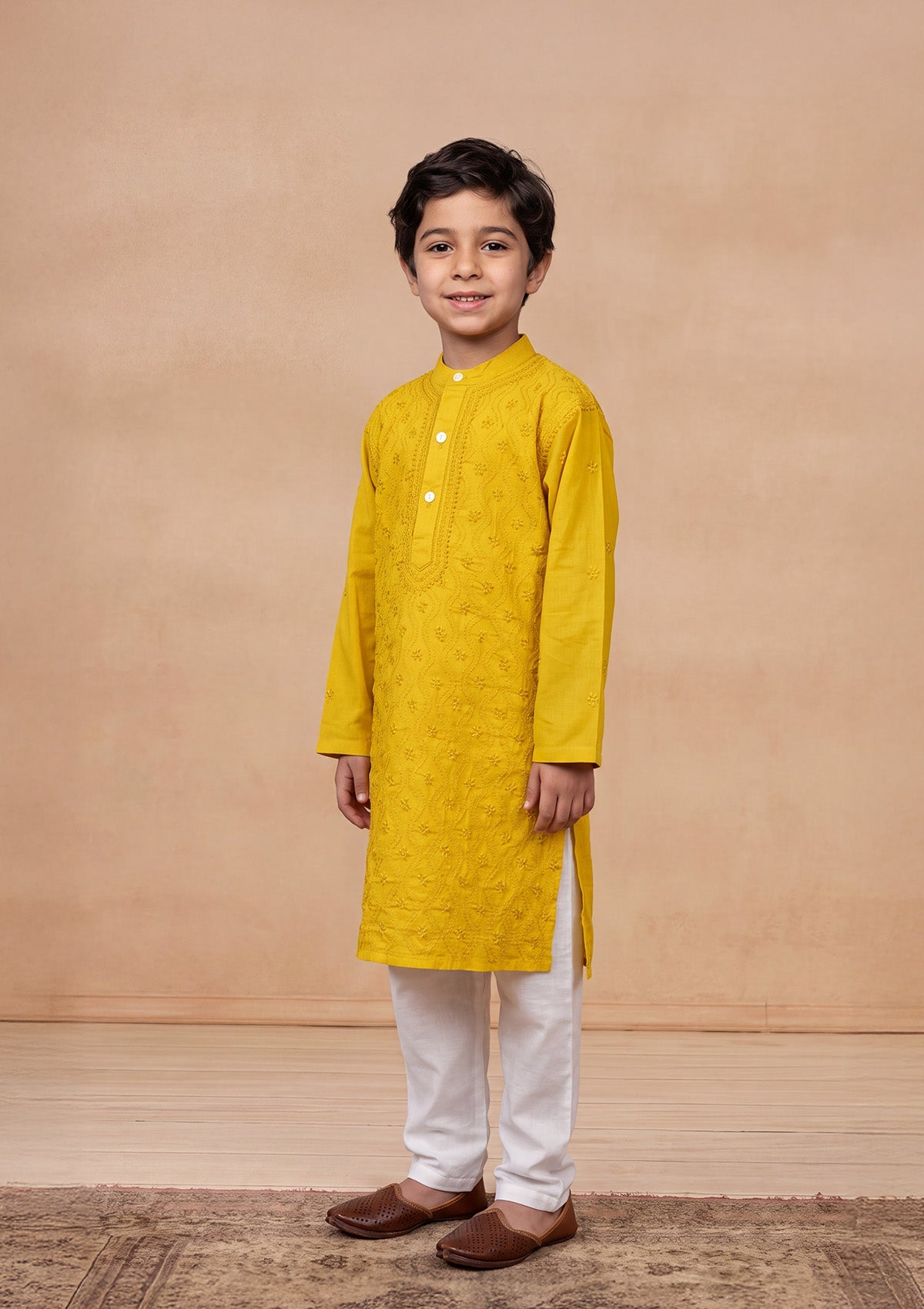 HOC Kids Mustard Cotton Chikankari Kurta Set