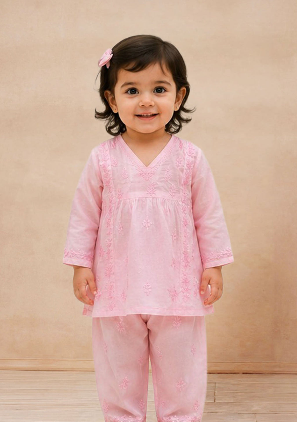 HOC Kids Pink Muslin Chikankari Kurta Set