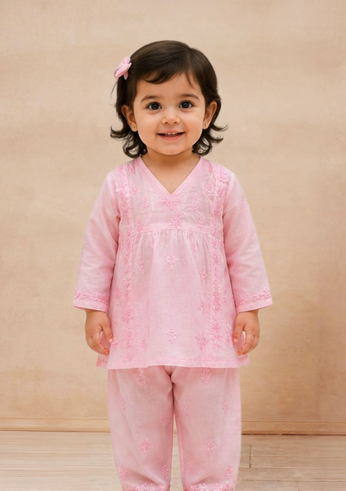 HOC Kids Pink Muslin Chikankari Kurta Set