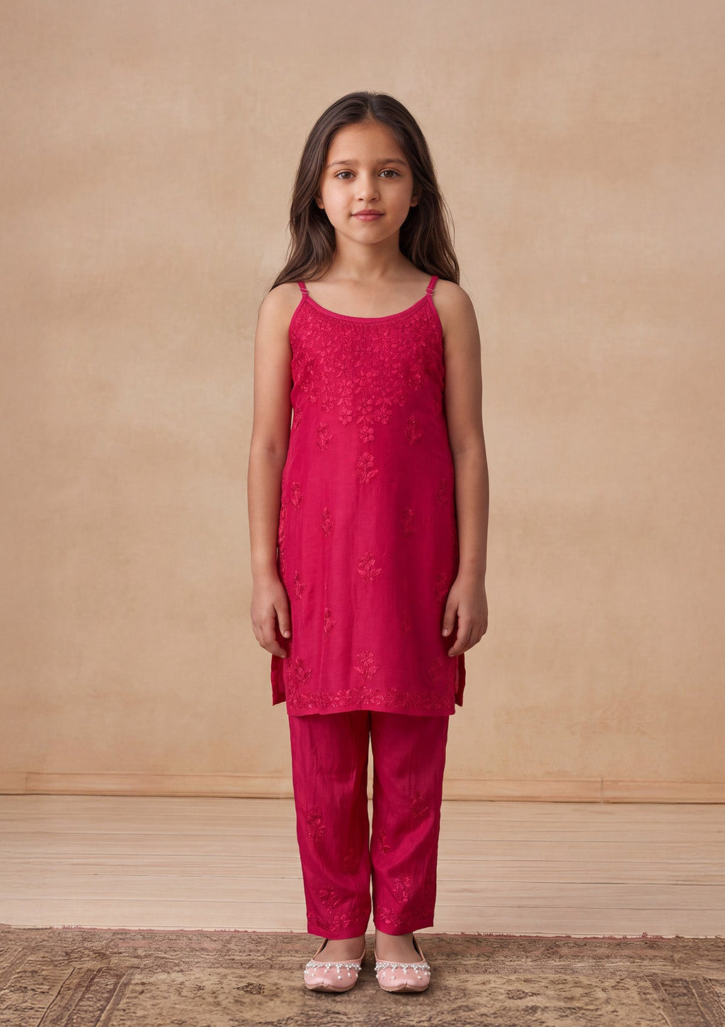 HOC Kids Magenta Muslin Chikankari Kurta Set