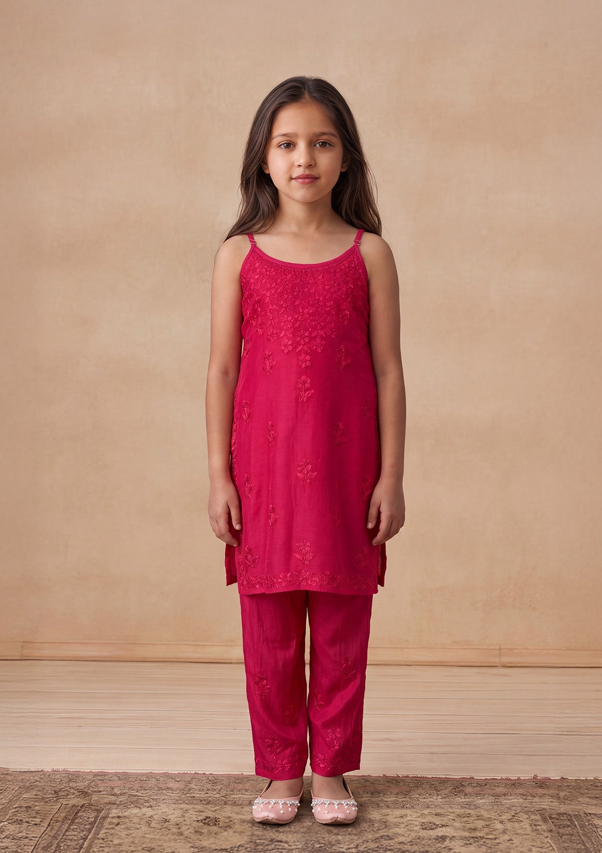 HOC Kids Magenta Muslin Chikankari Kurta Set