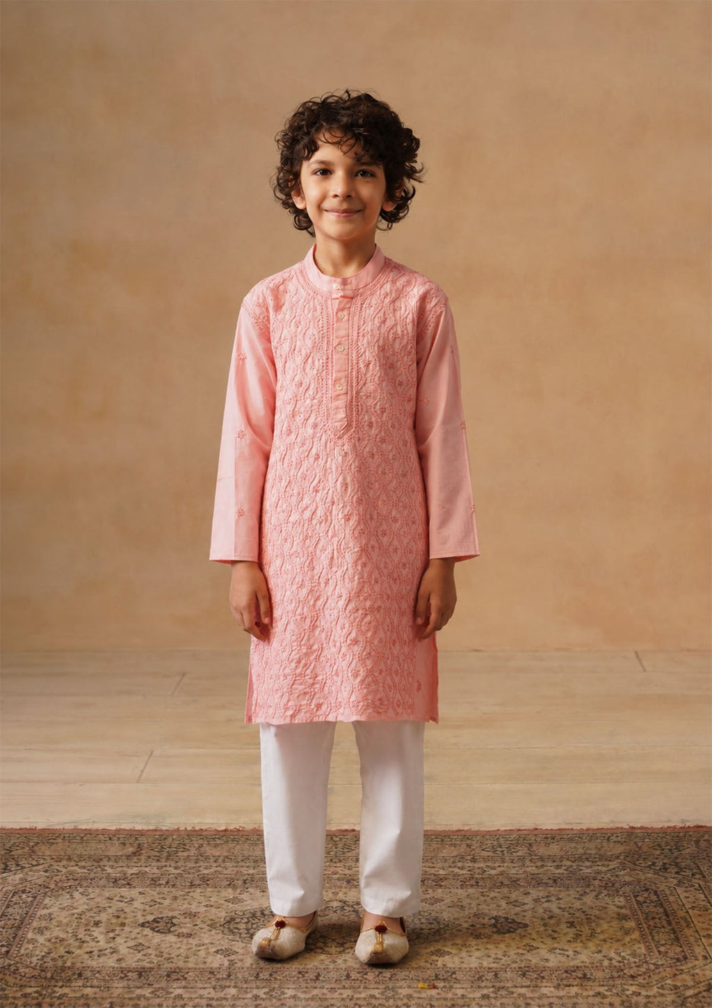 HOC Kids Pink Cotton Chikankari Kurta Set