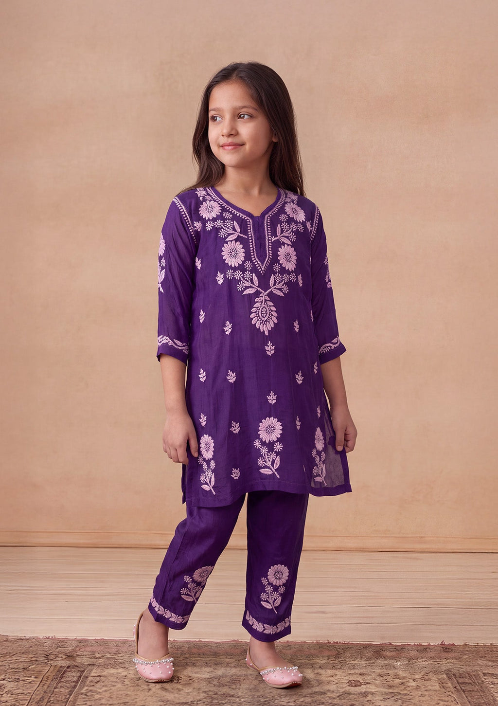 HOC Kids Purple Muslin Chikankari Kurta Set