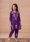 HOC Kids Purple Muslin Chikankari Kurta Set