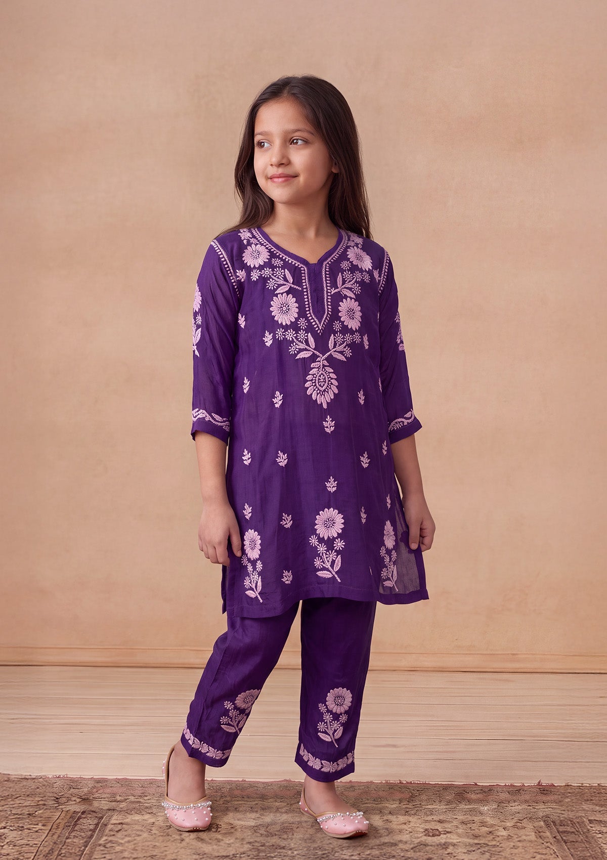 HOC Kids Purple Muslin Chikankari Kurta Set