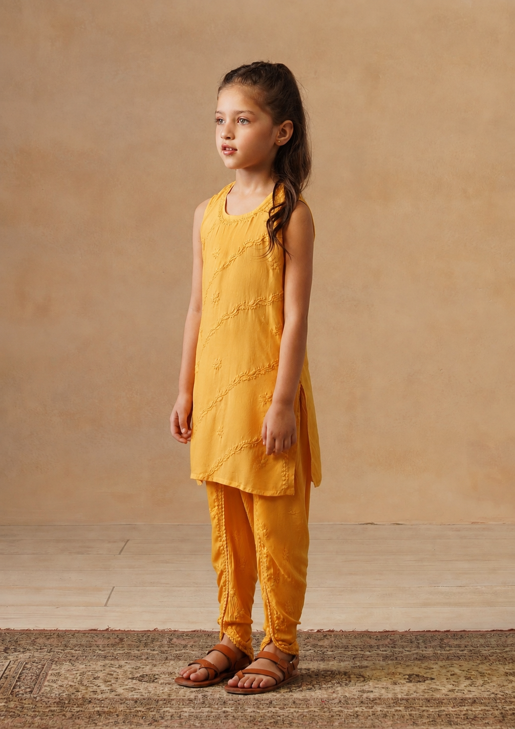 HOC Kids Yellow Muslin Chikankari Kurta Set