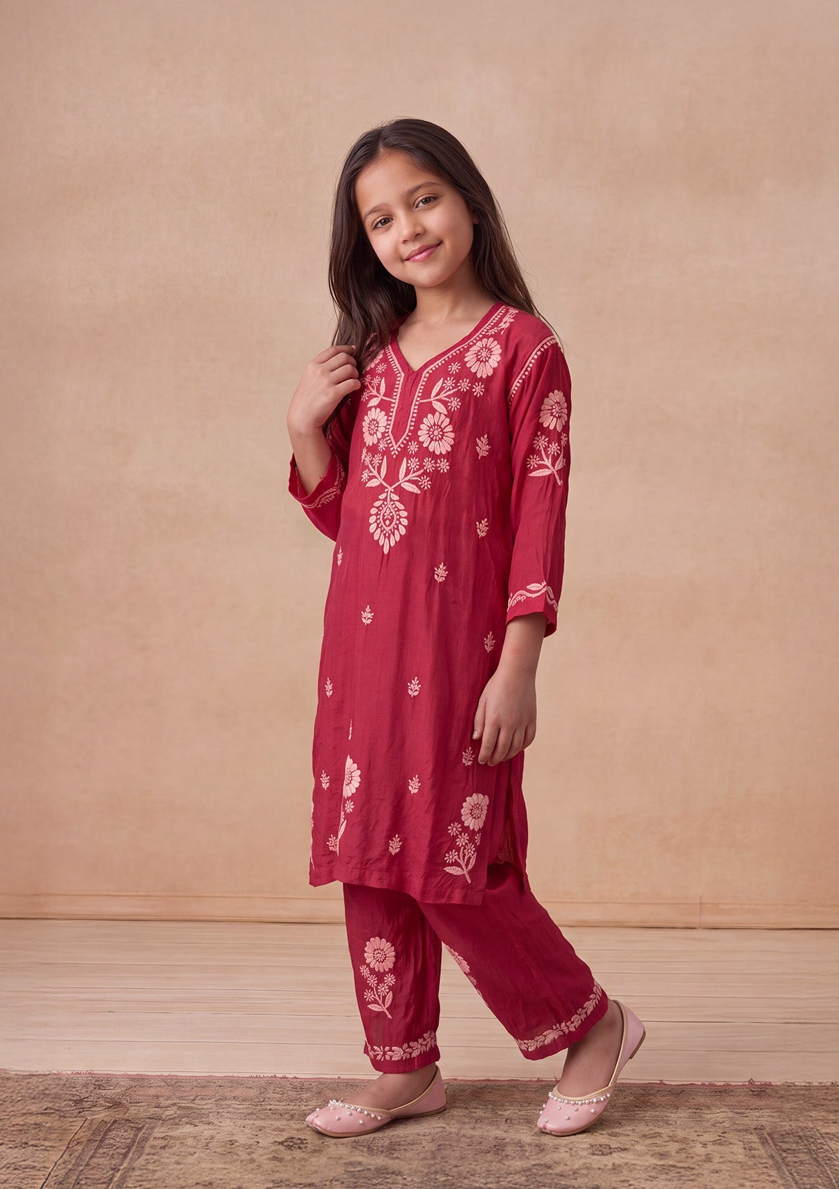 HOC Kids Fuchsia Muslin Chikankari Kurta Set