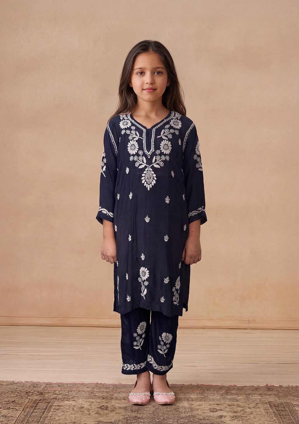 HOC Kids Navy Muslin Chikankari Kurta Set