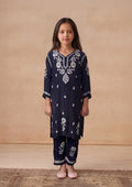 HOC Kids Navy Muslin Chikankari Kurta Set