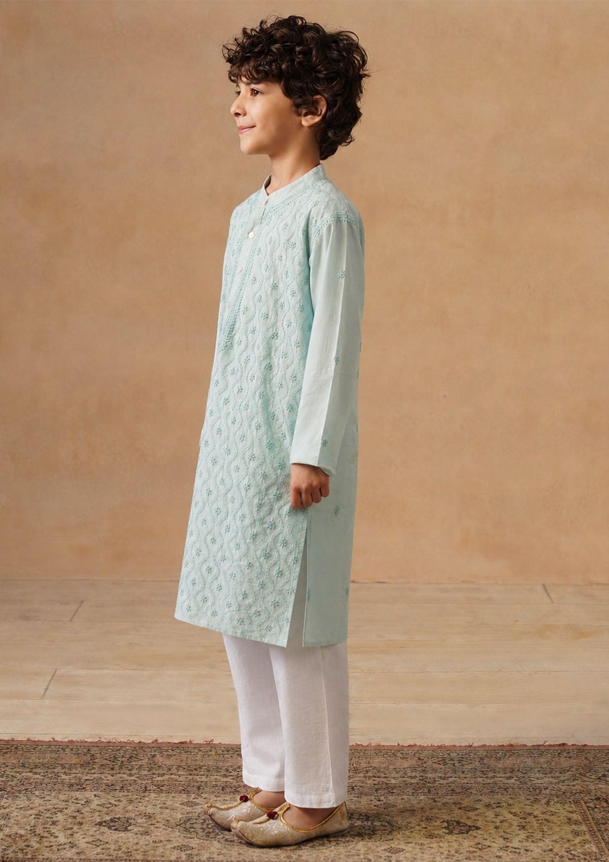 HOC Kids Sage Green Cotton Chikankari Kurta Set