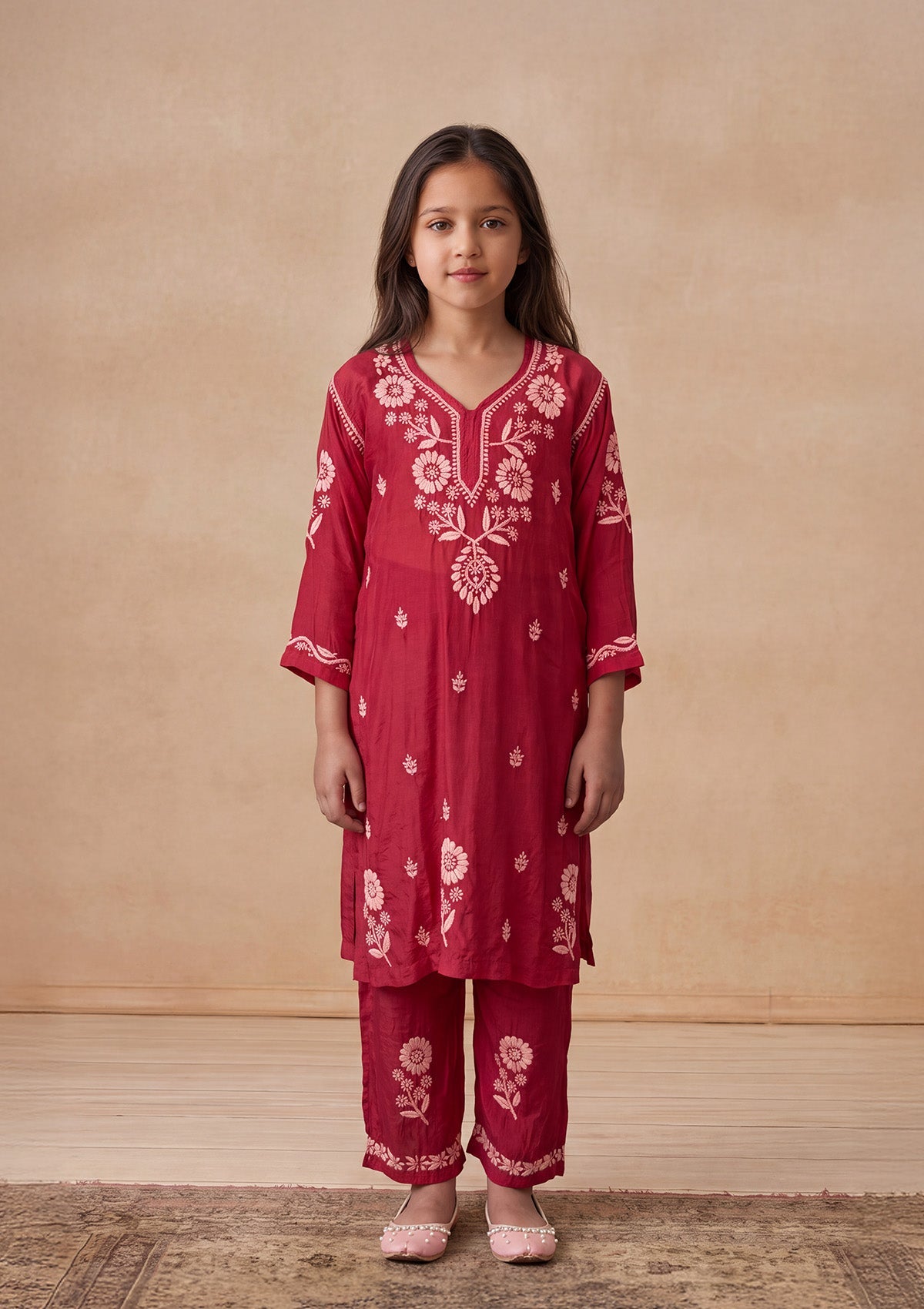 HOC Kids Fuchsia Muslin Chikankari Kurta Set