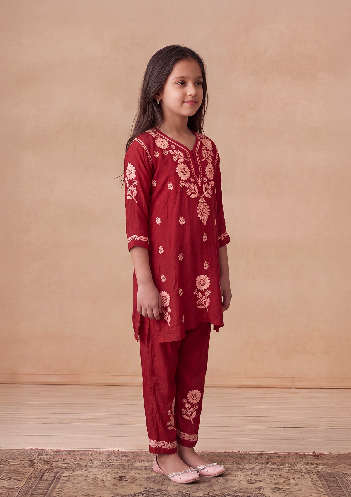 HOC Kids Red Muslin Chikankari Kurta Set