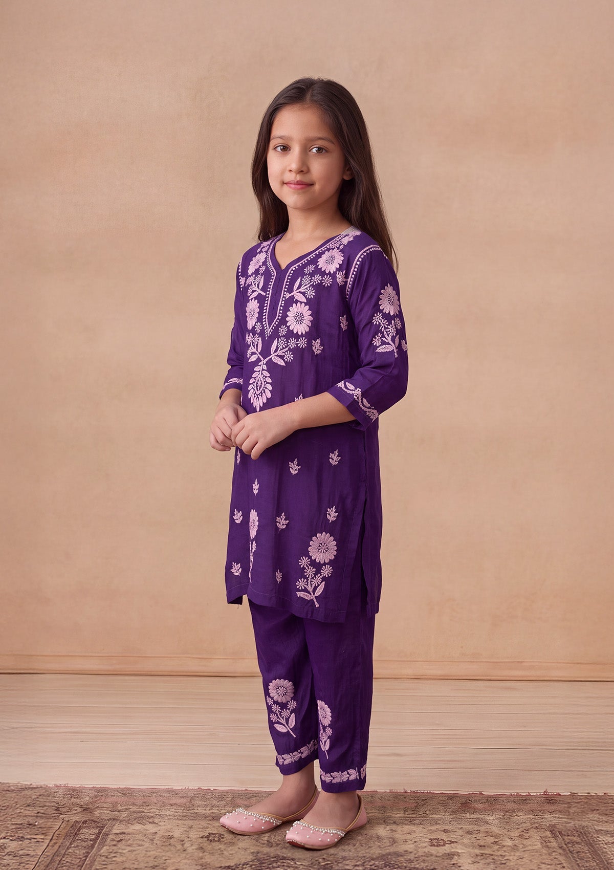 HOC Kids Purple Muslin Chikankari Kurta Set