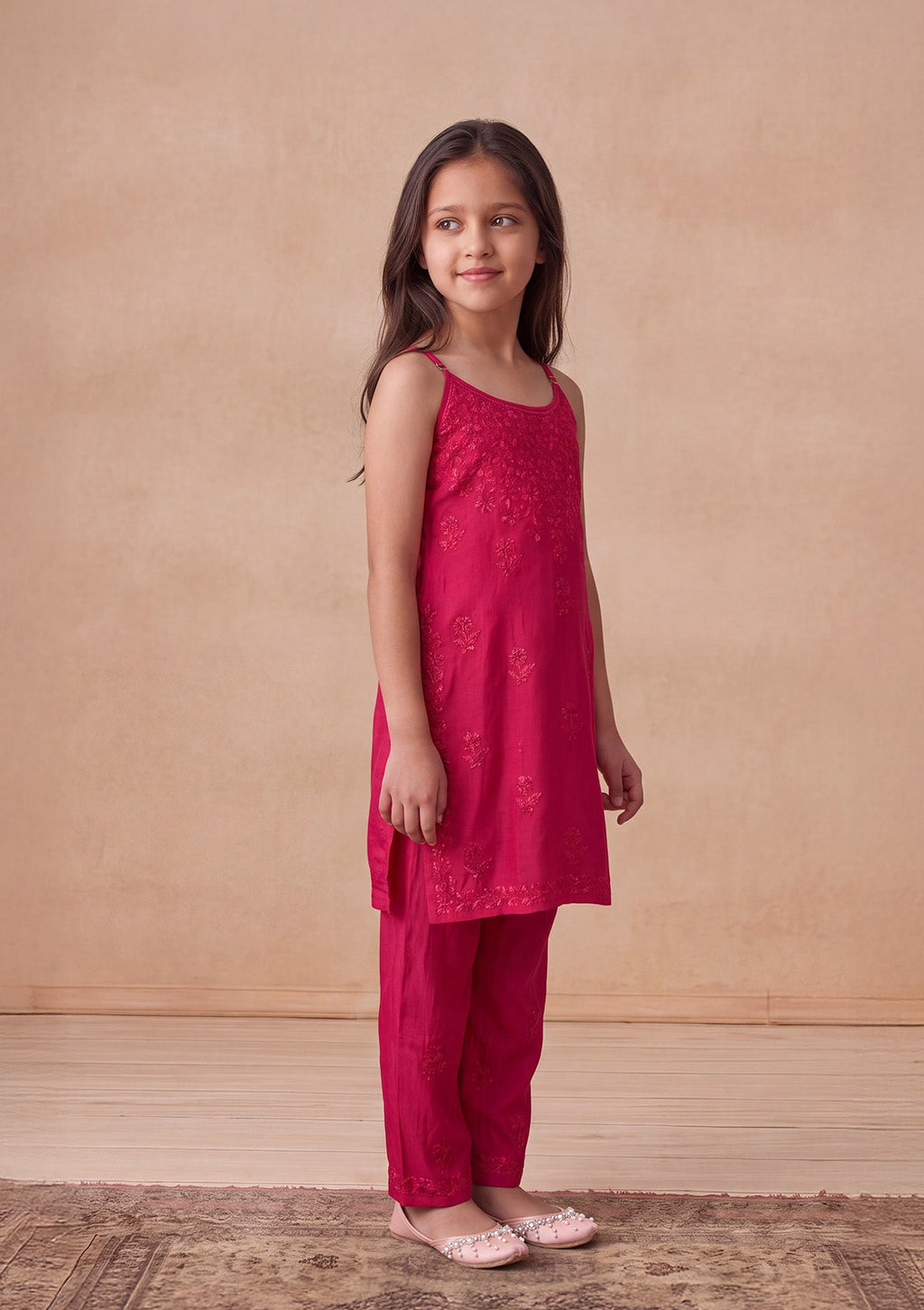 HOC Kids Magenta Muslin Chikankari Kurta Set
