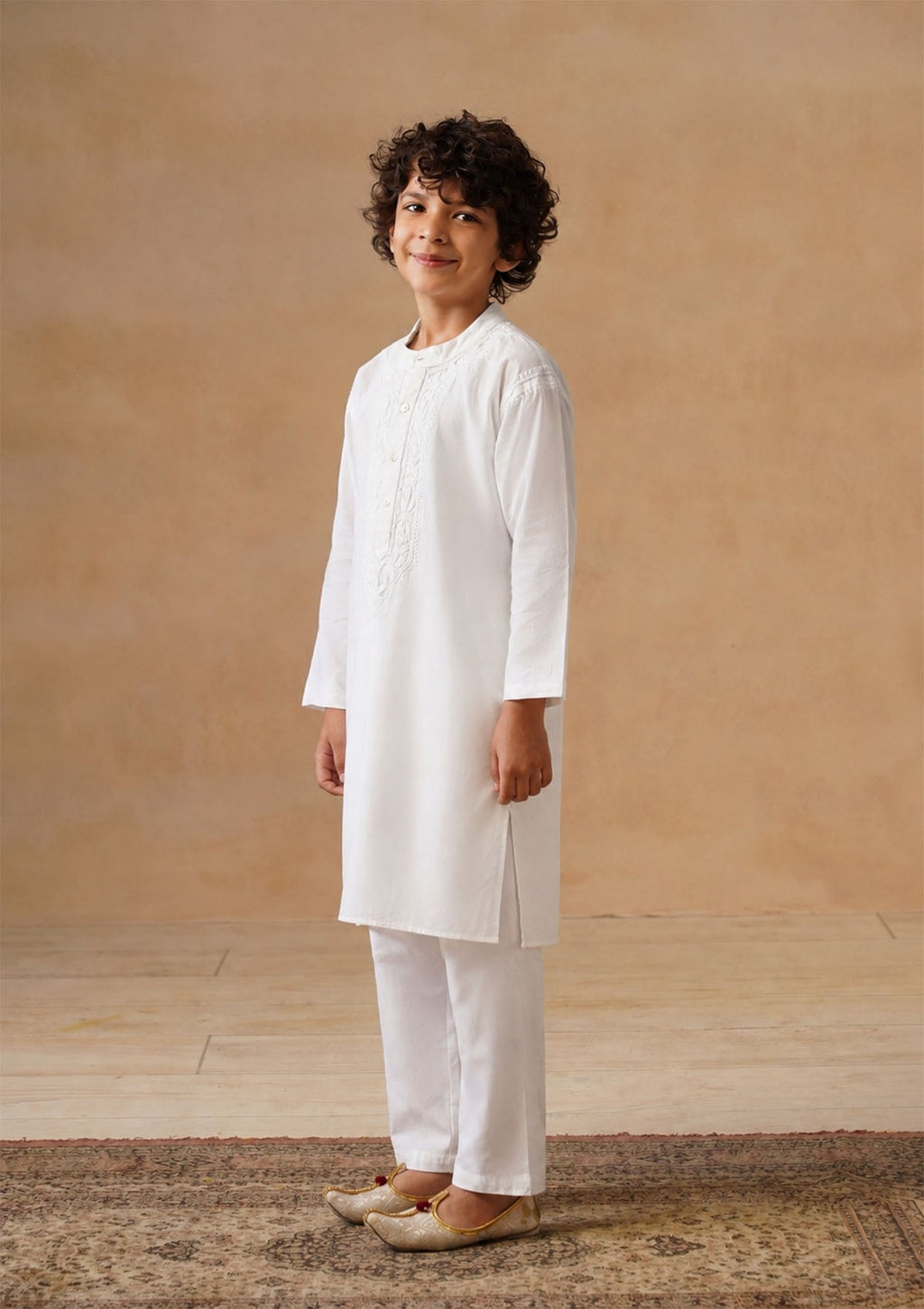 HOC Kids White Cotton Chikankari Kurta Set