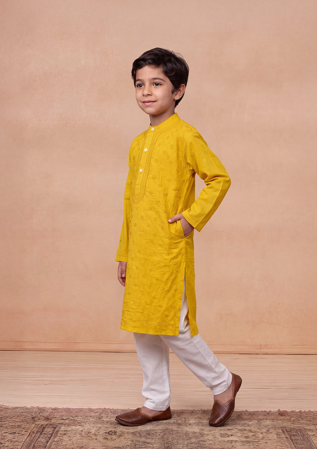 HOC Kids Mustard Cotton Chikankari Kurta Set