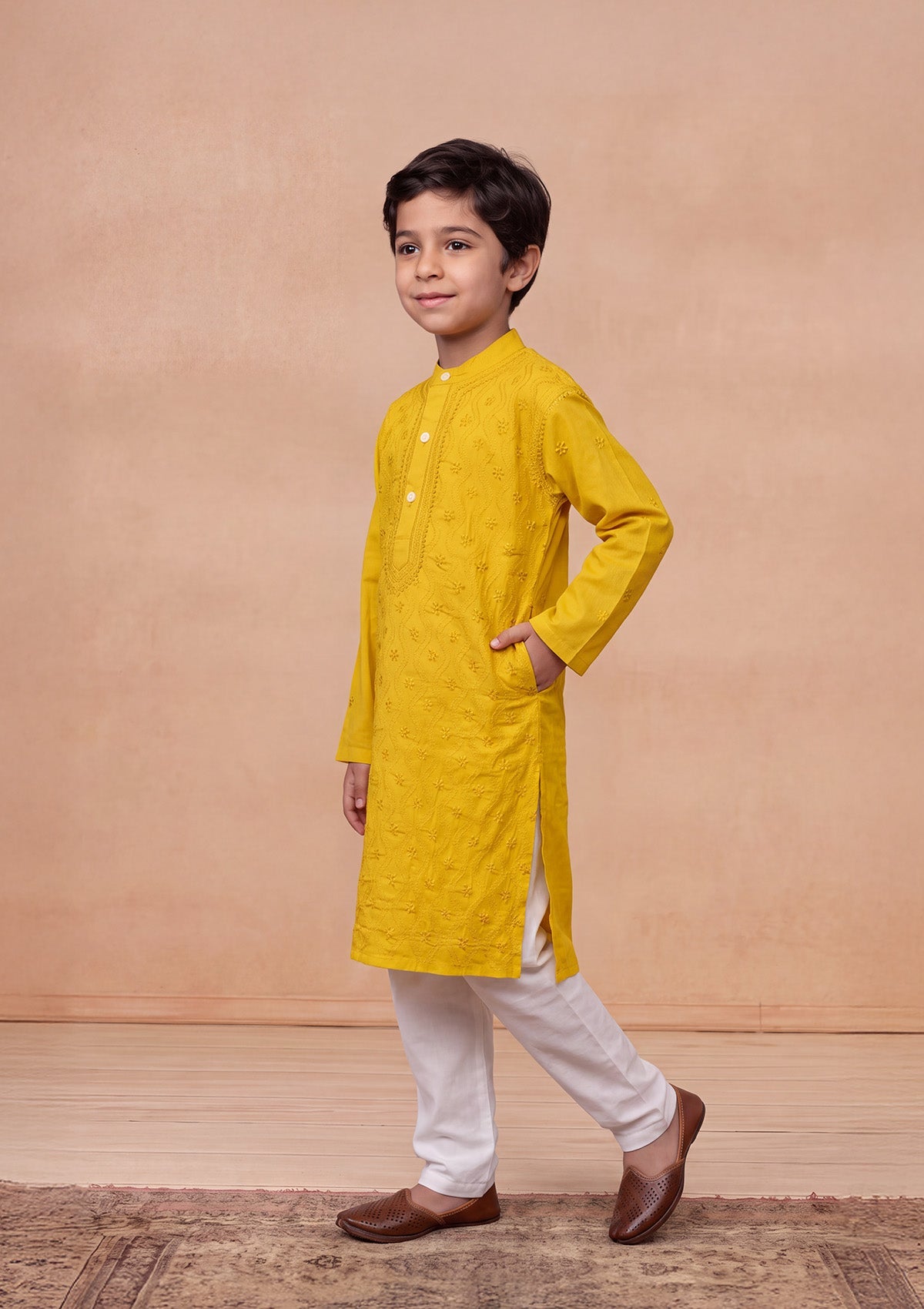 HOC Kids Mustard Cotton Chikankari Kurta Set