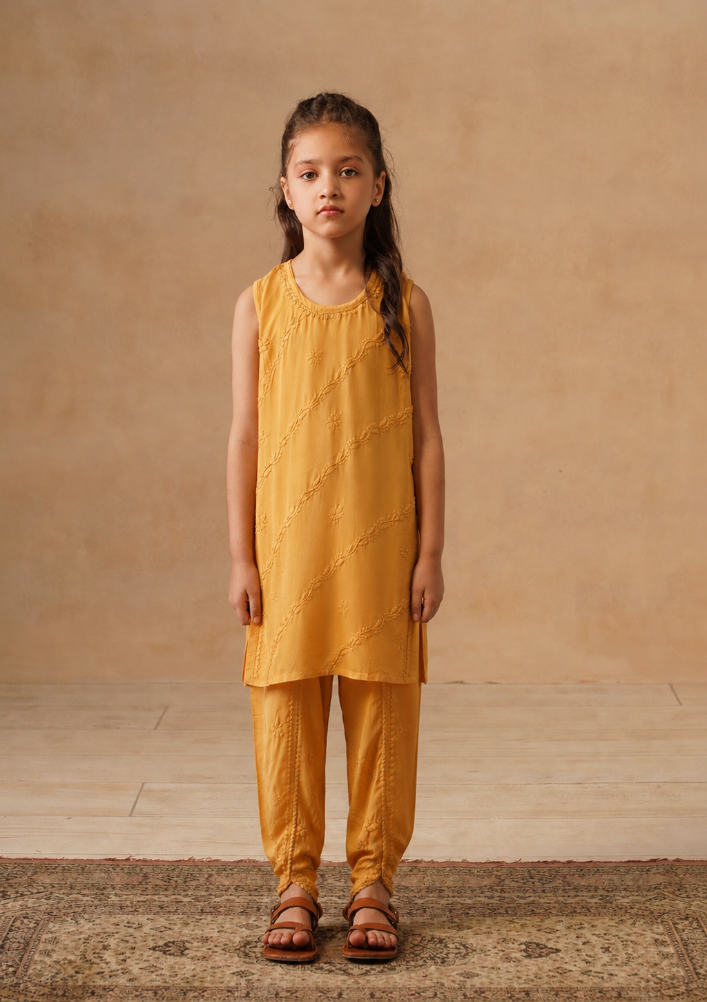 HOC Kids Yellow Muslin Chikankari Kurta Set