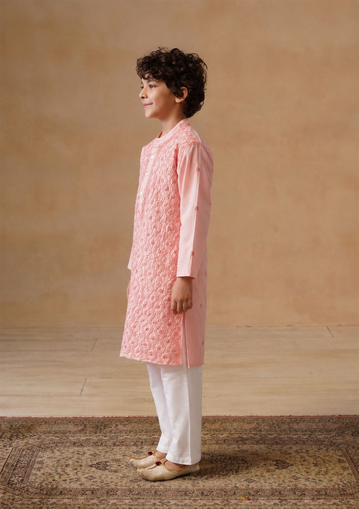 HOC Kids Pink Cotton Chikankari Kurta Set