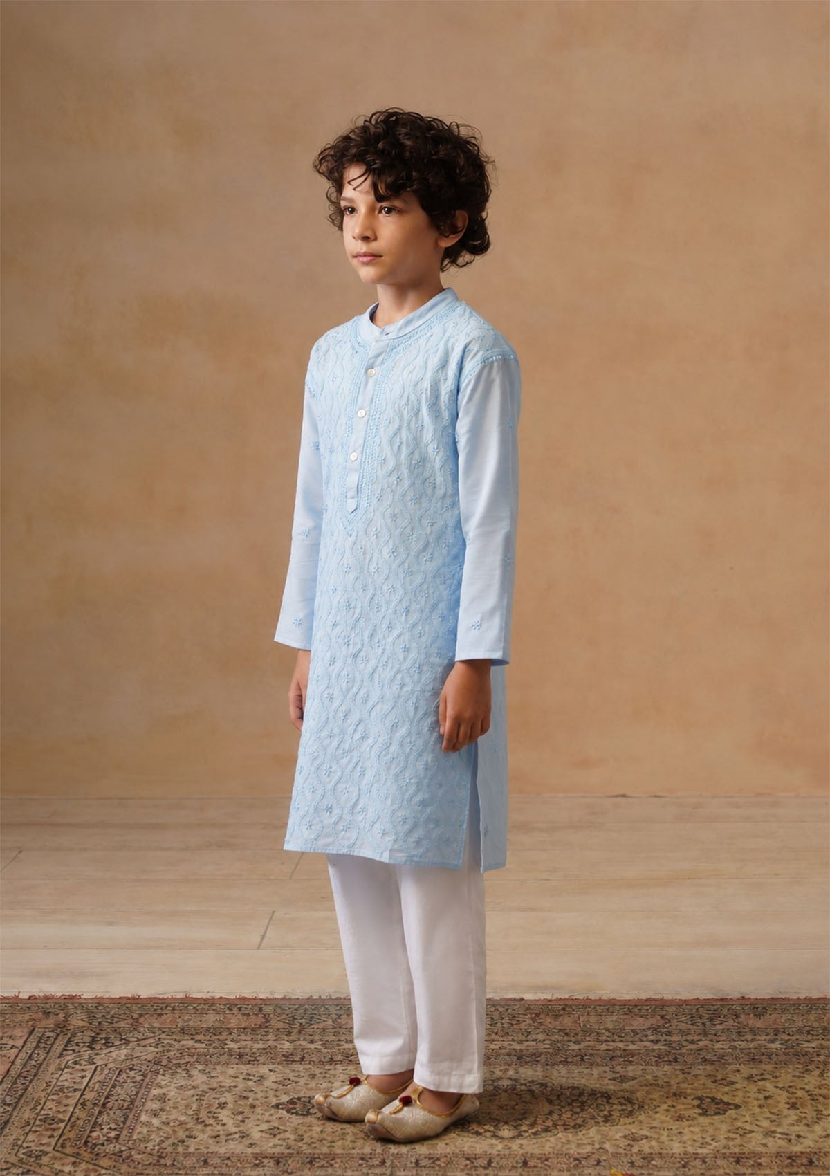 HOC Kids Blue Cotton Chikankari Kurta Set