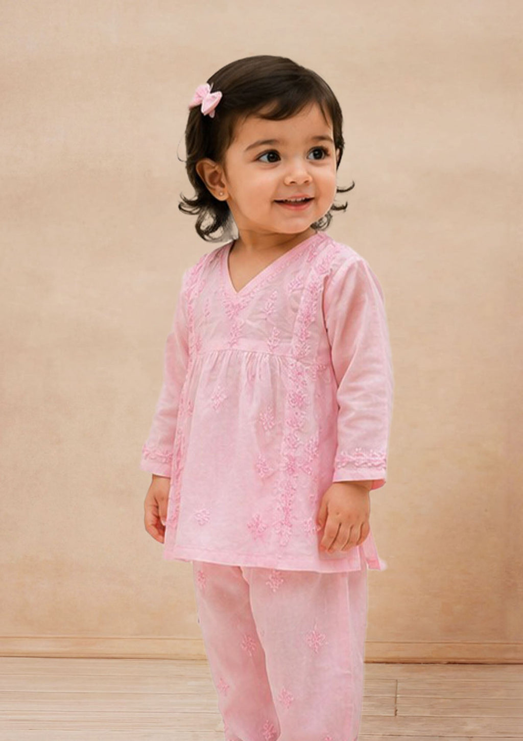 HOC Kids Pink Muslin Chikankari Kurta Set