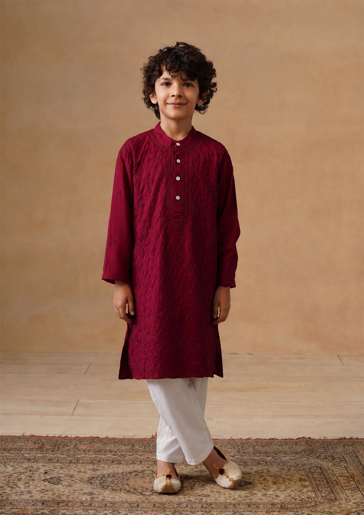 HOC Kids Wine Cotton Chikankari Kurta Set