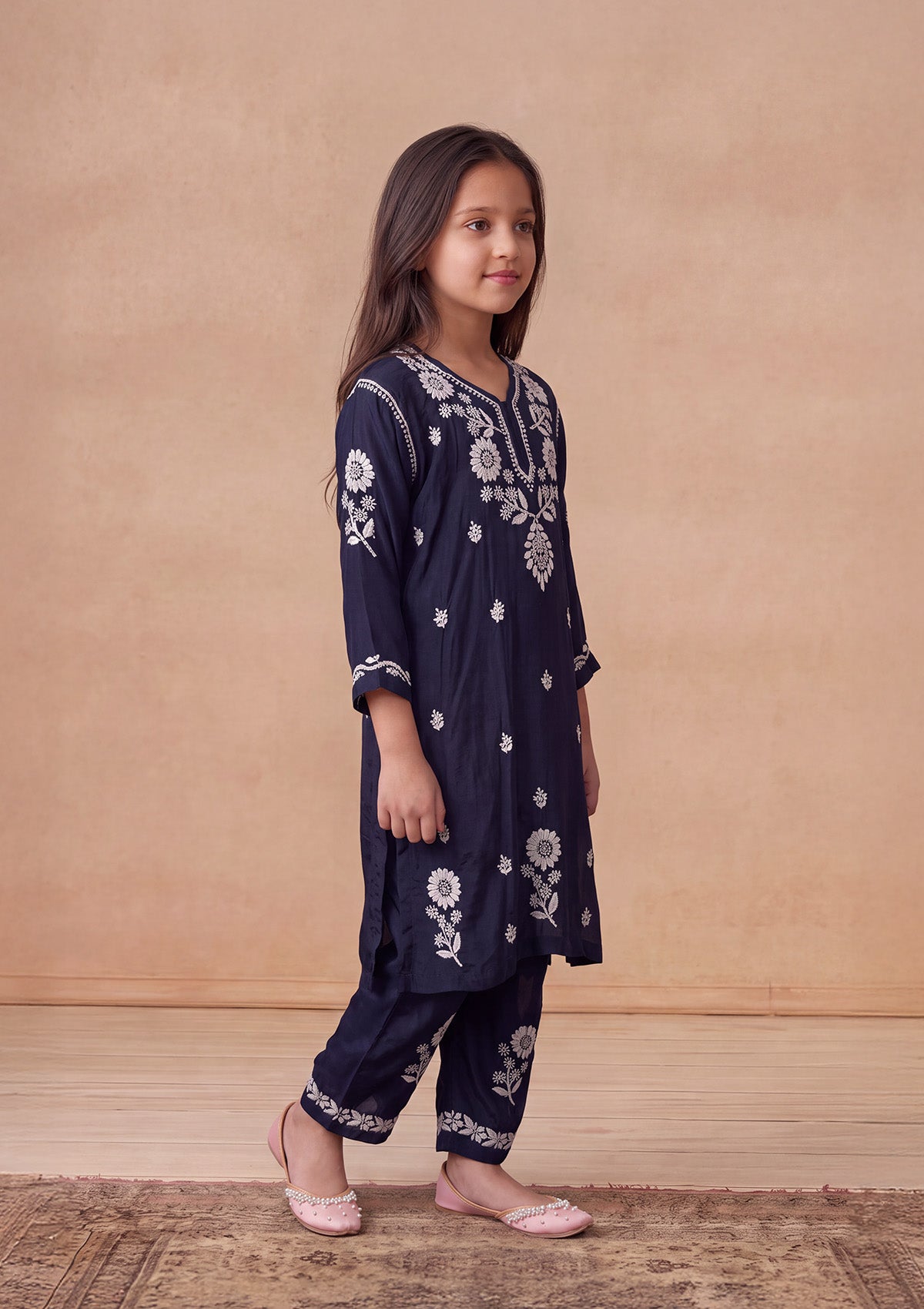 HOC Kids Navy Muslin Chikankari Kurta Set