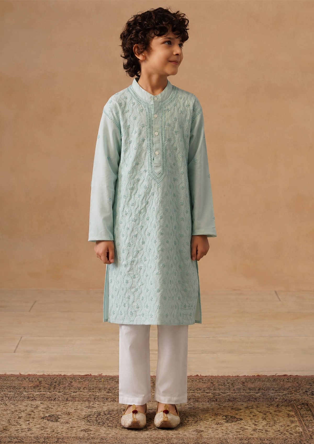 HOC Kids Sage Green Cotton Chikankari Kurta Set