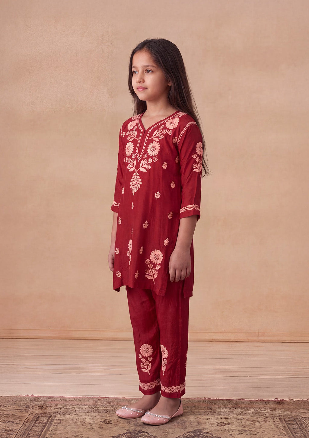 HOC Kids Red Muslin Chikankari Kurta Set