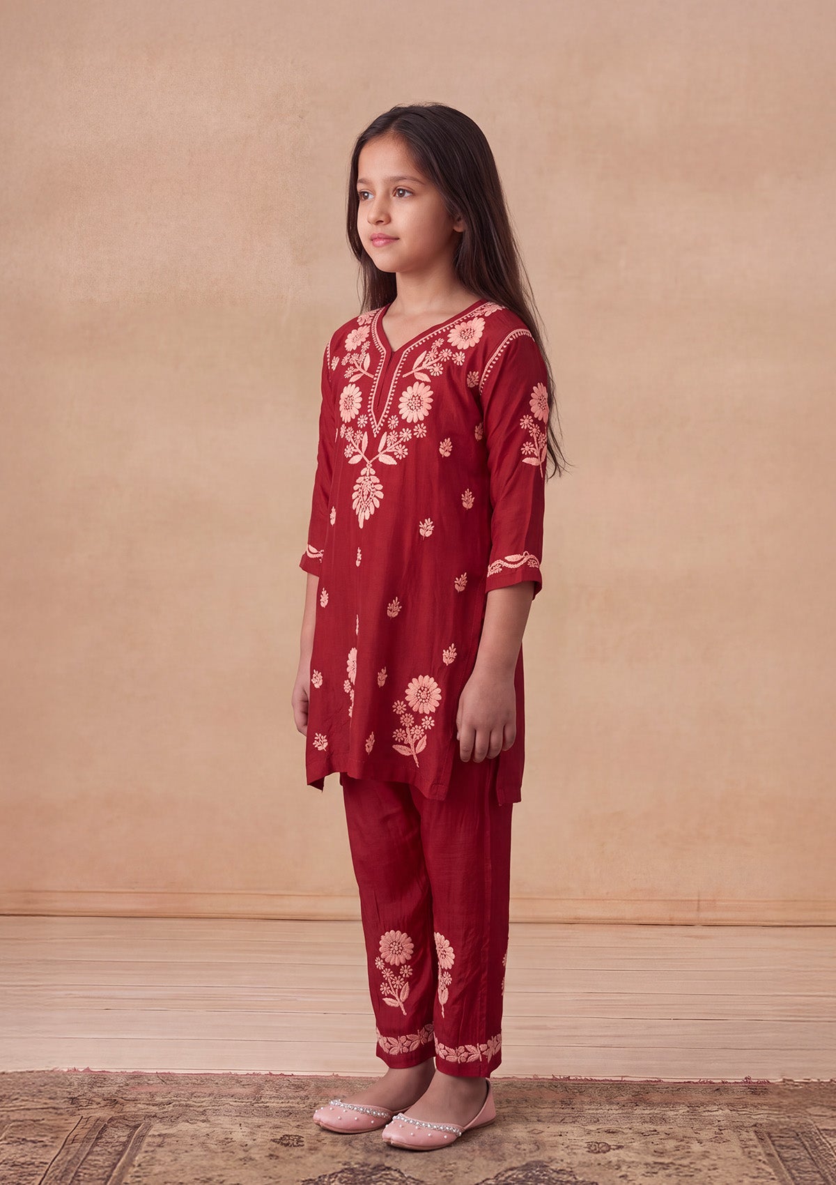 HOC Kids Red Muslin Chikankari Kurta Set