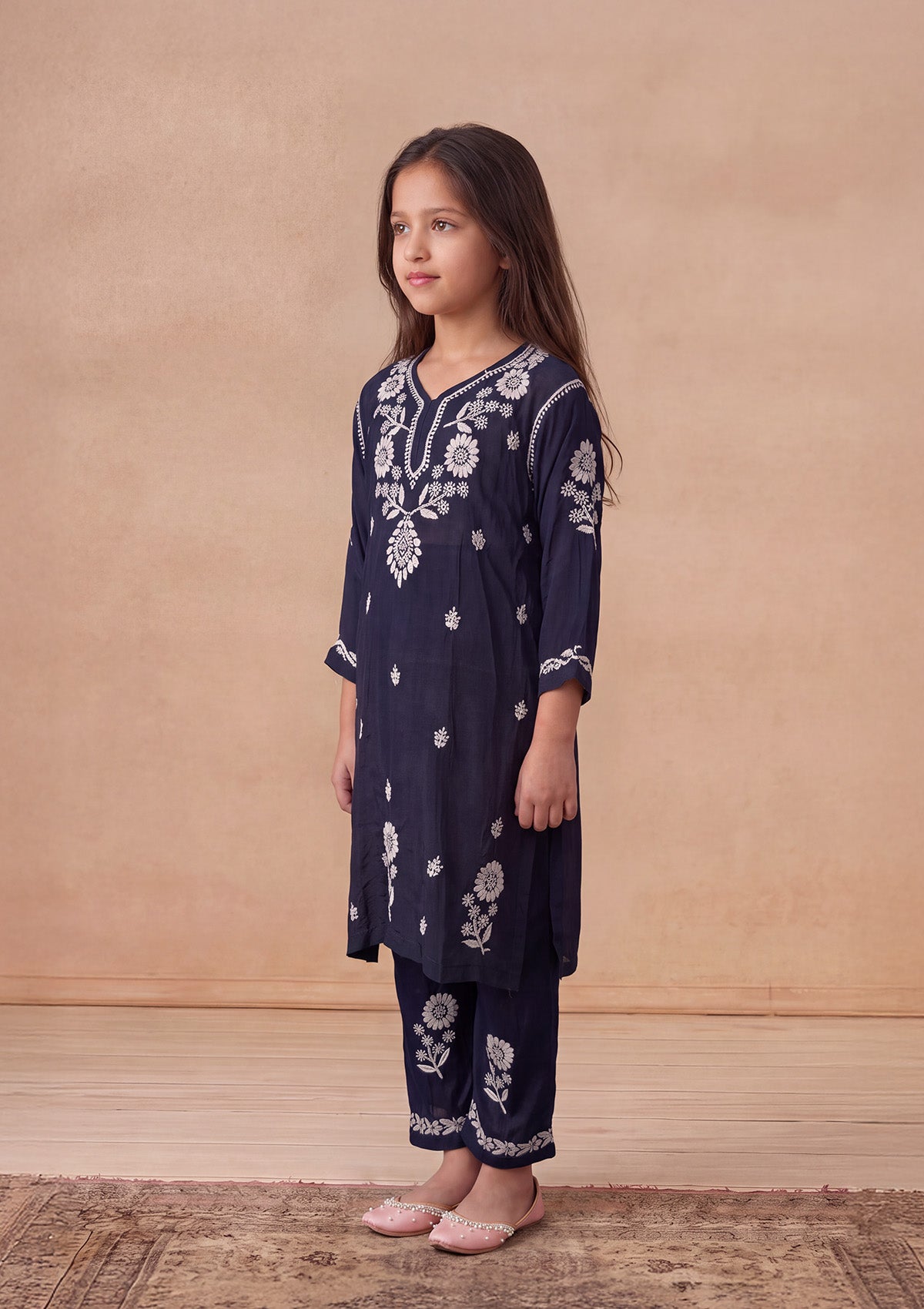 HOC Kids Navy Muslin Chikankari Kurta Set