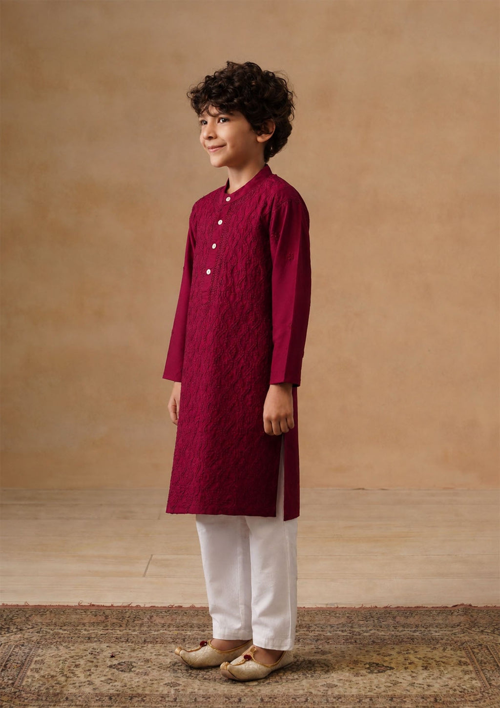HOC Kids Wine Cotton Chikankari Kurta Set