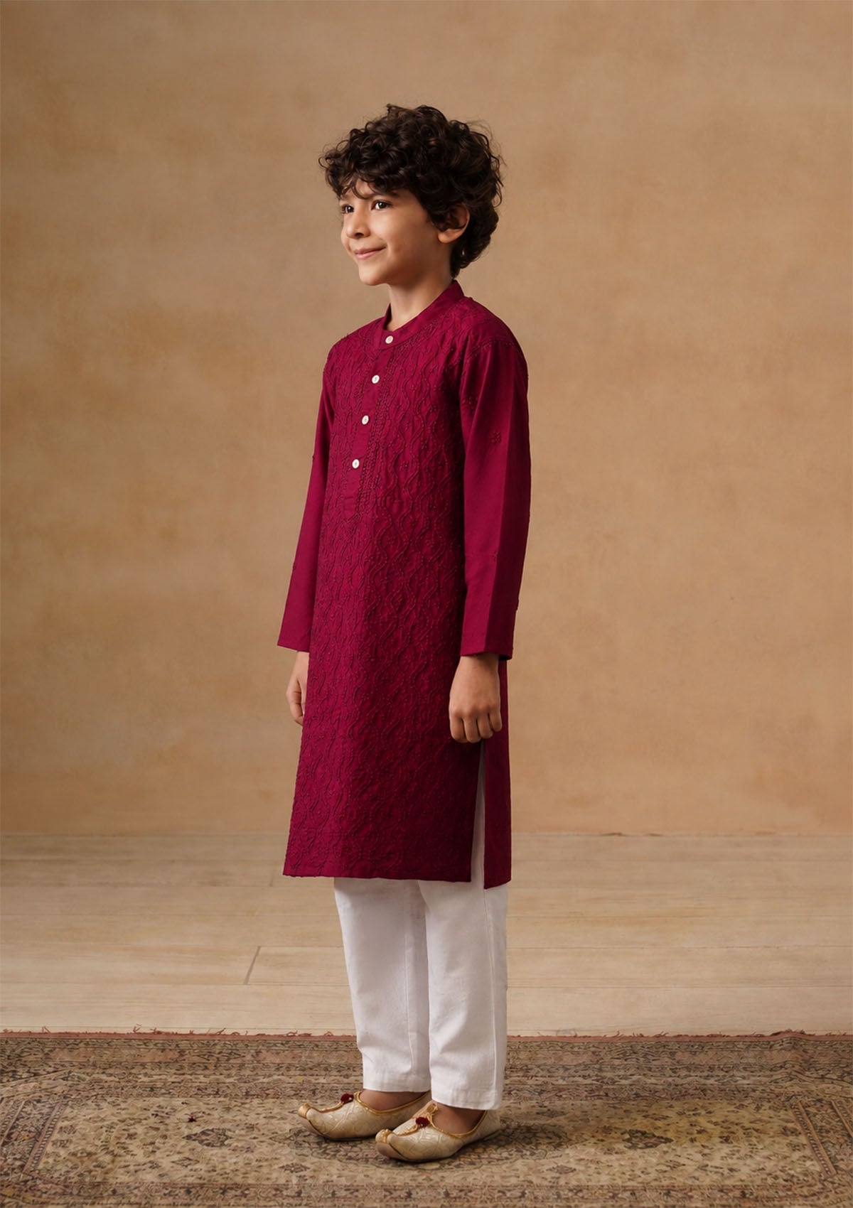 HOC Kids Wine Cotton Chikankari Kurta Set