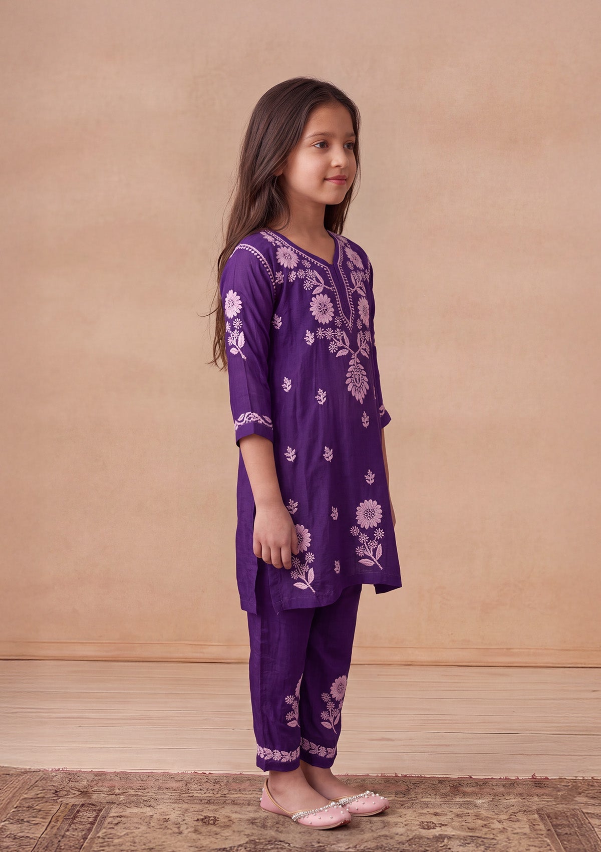 HOC Kids Purple Muslin Chikankari Kurta Set