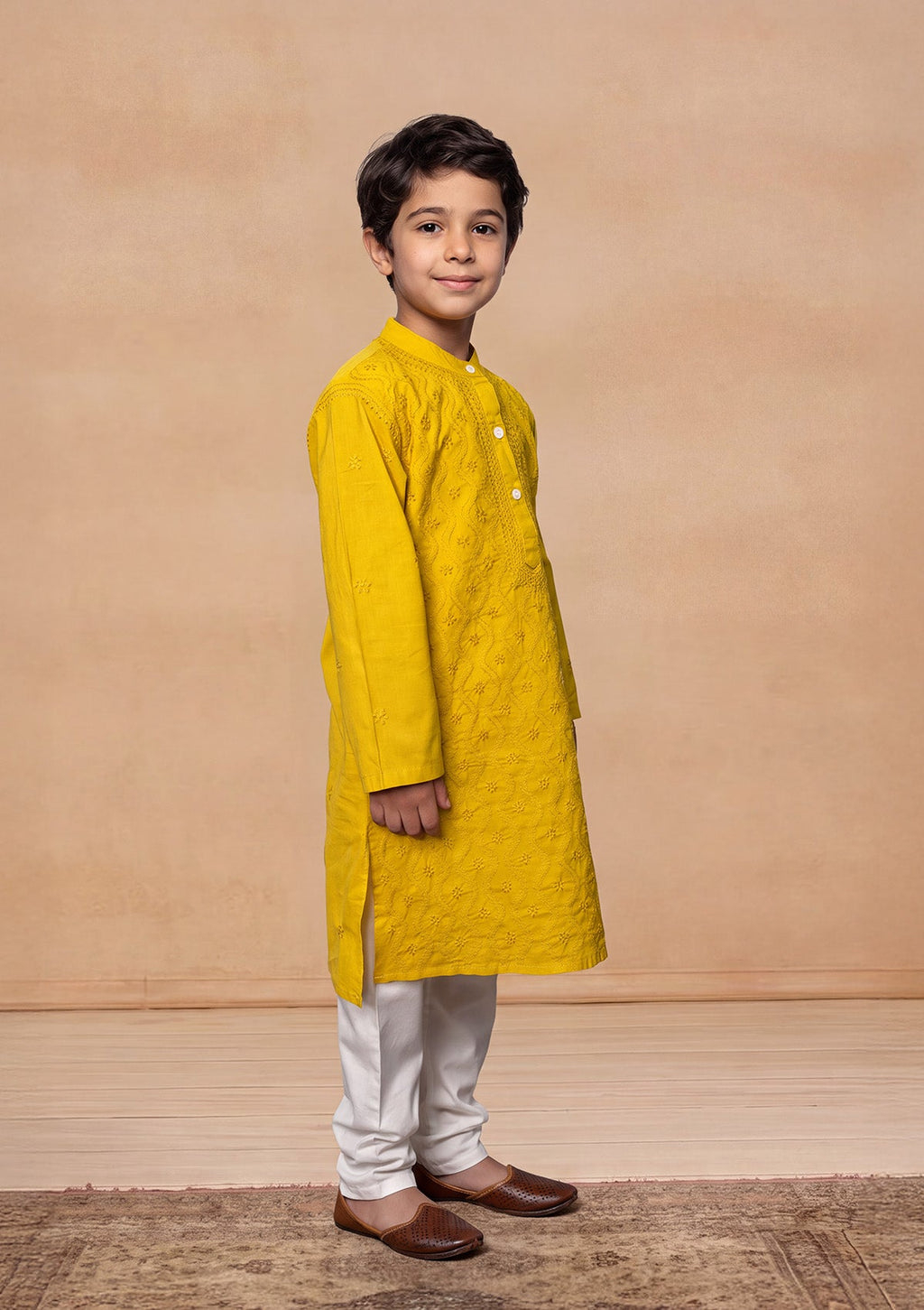 HOC Kids Mustard Cotton Chikankari Kurta Set