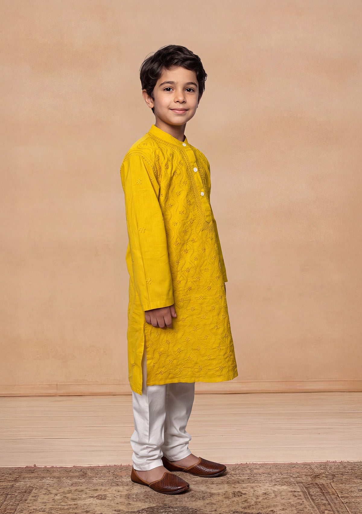HOC Kids Mustard Cotton Chikankari Kurta Set