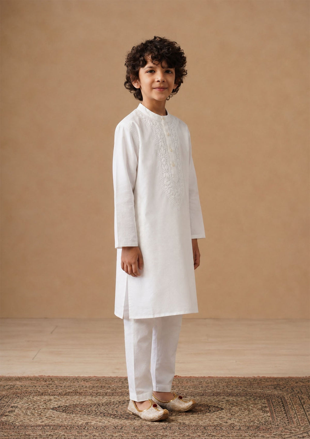 HOC Kids White Cotton Chikankari Kurta Set