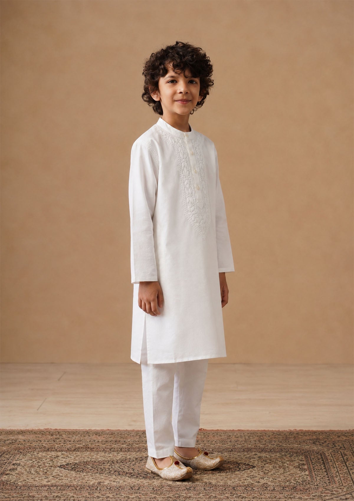 HOC Kids White Cotton Chikankari Kurta Set