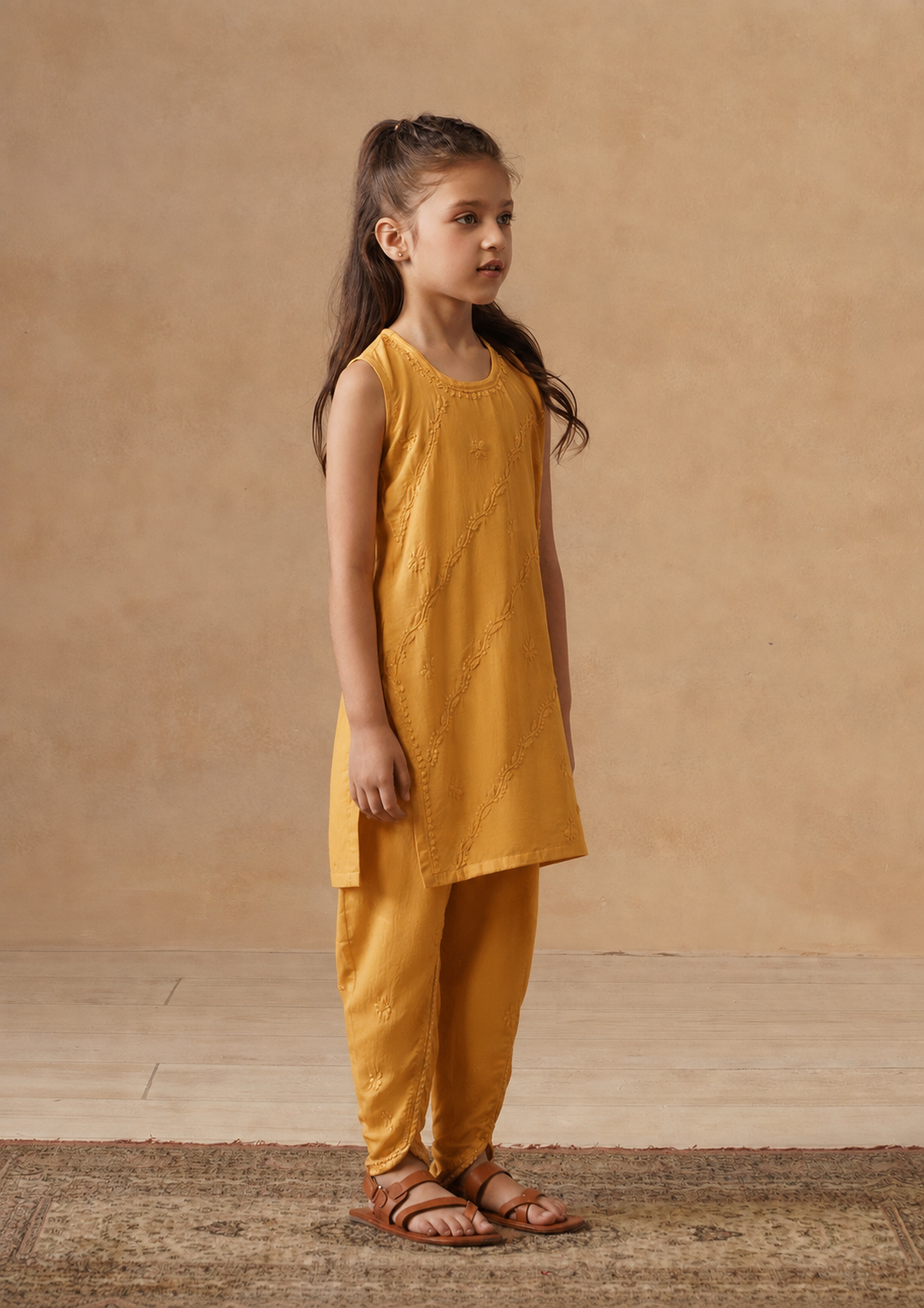 HOC Kids Yellow Muslin Chikankari Kurta Set