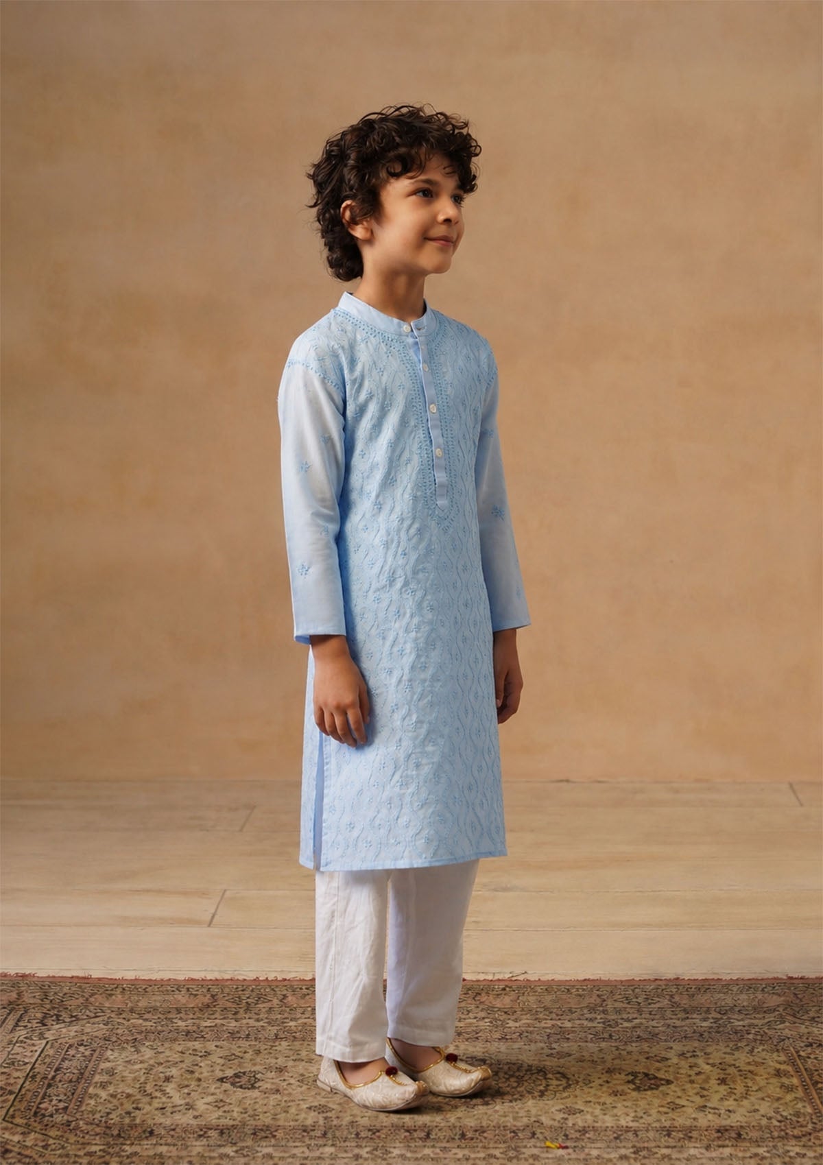 HOC Kids Blue Cotton Chikankari Kurta Set