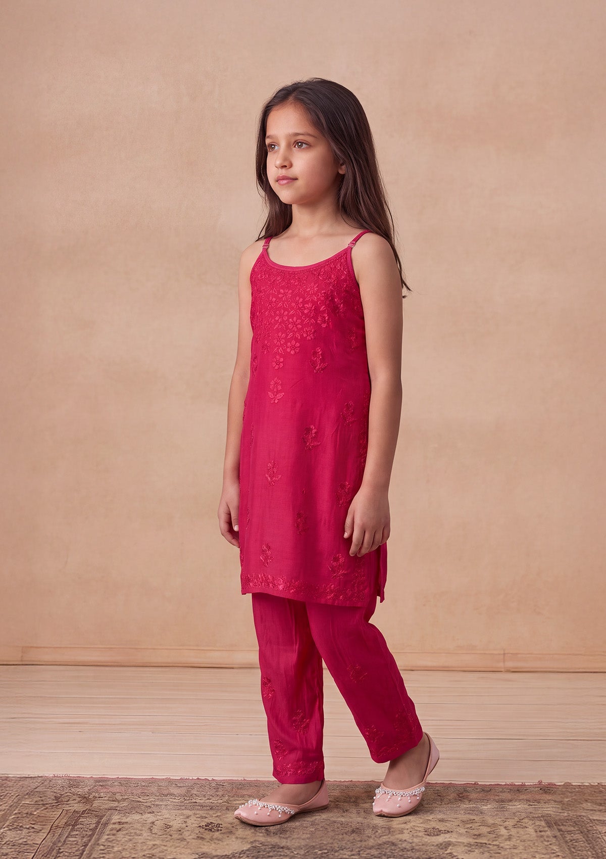 HOC Kids Magenta Muslin Chikankari Kurta Set