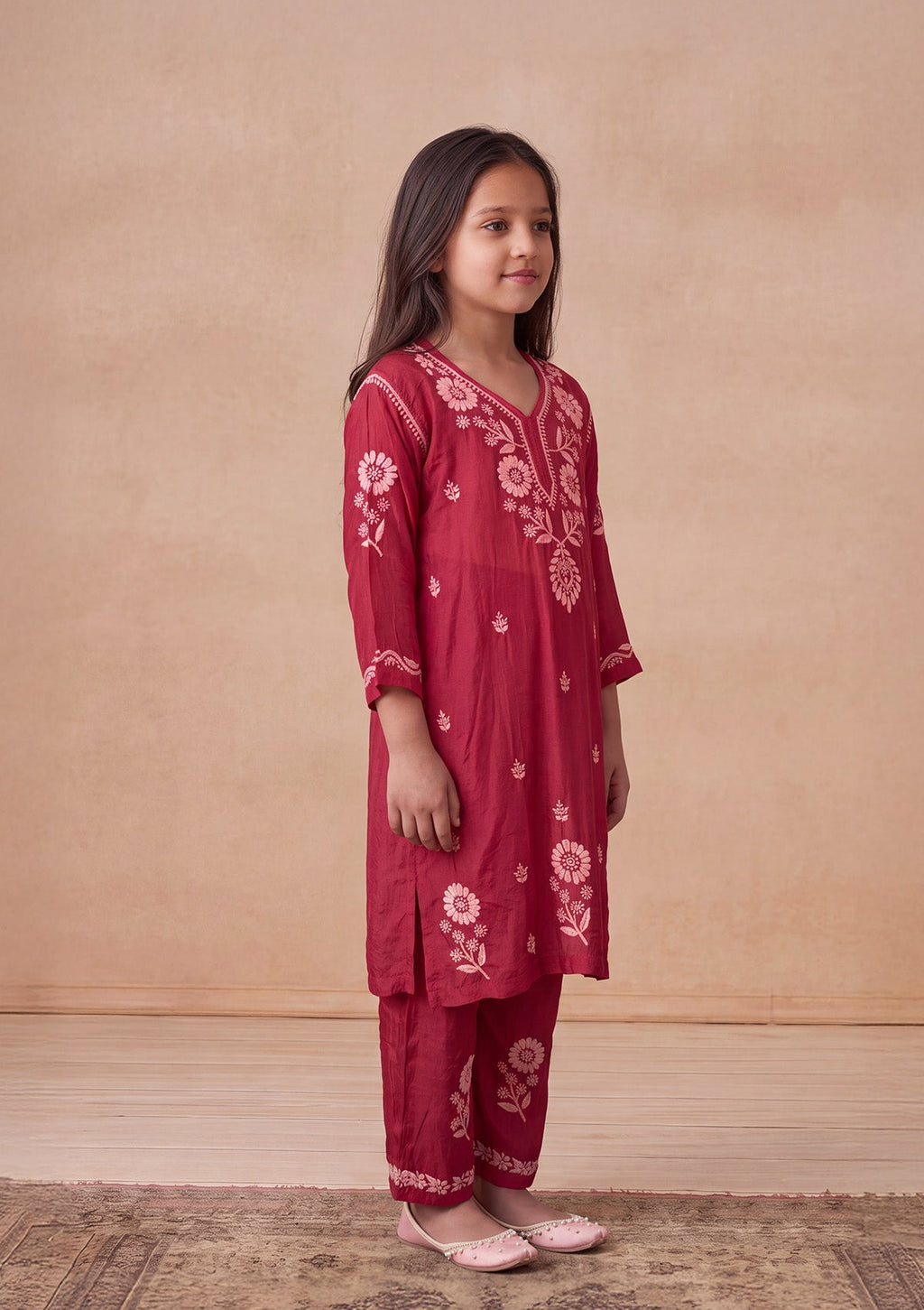 HOC Kids Fuchsia Muslin Chikankari Kurta Set