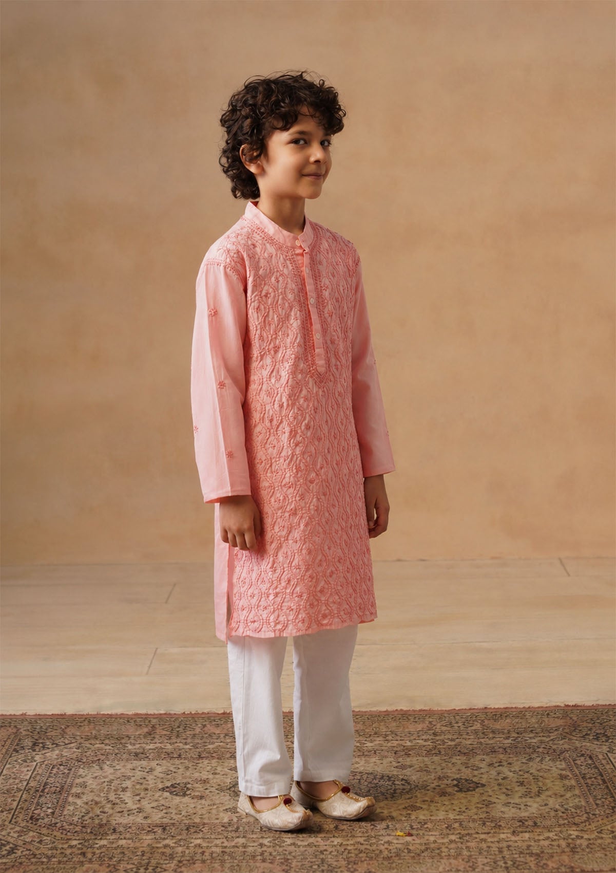 HOC Kids Pink Cotton Chikankari Kurta Set