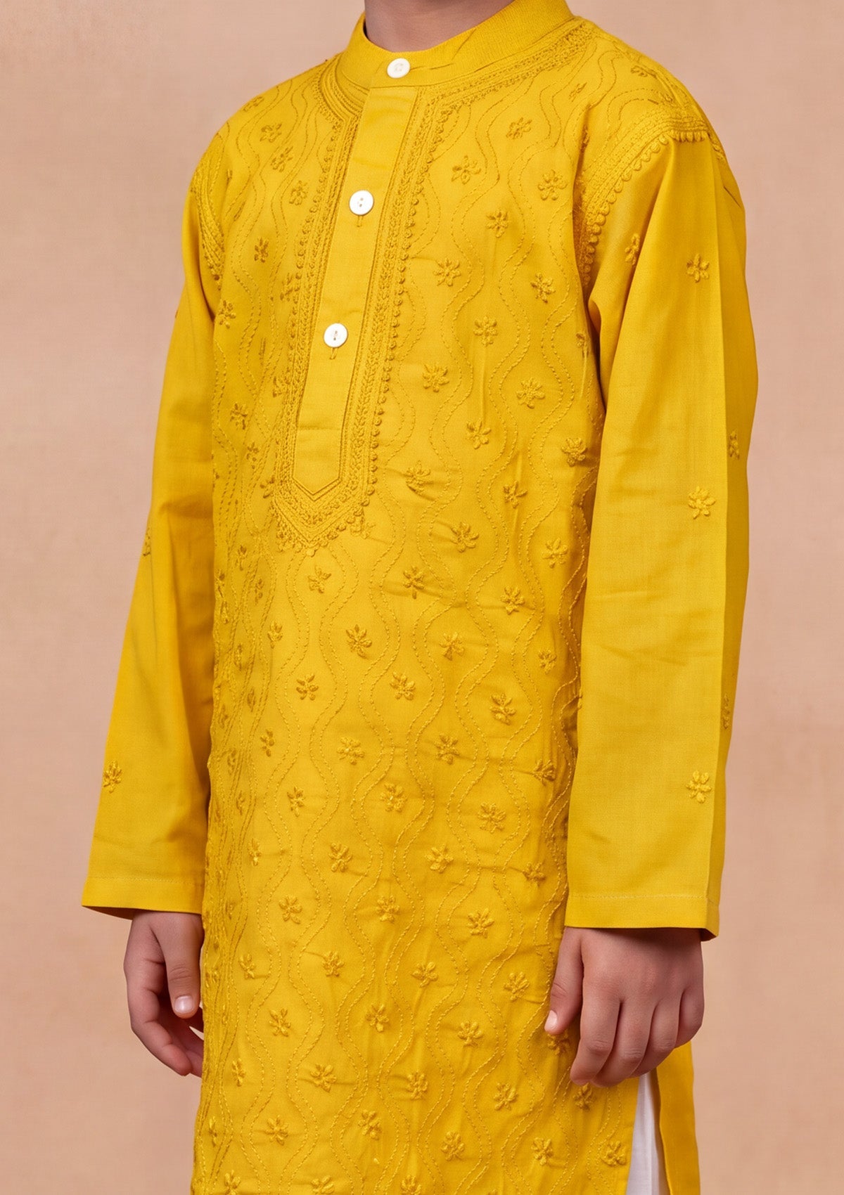 HOC Kids Mustard Cotton Chikankari Kurta Set