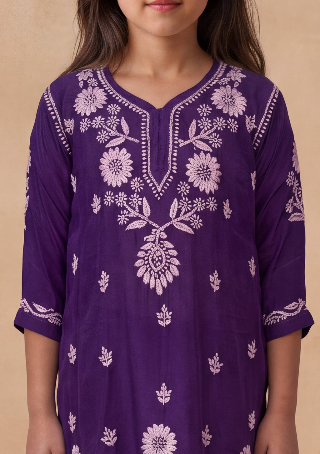HOC Kids Purple Muslin Chikankari Kurta Set
