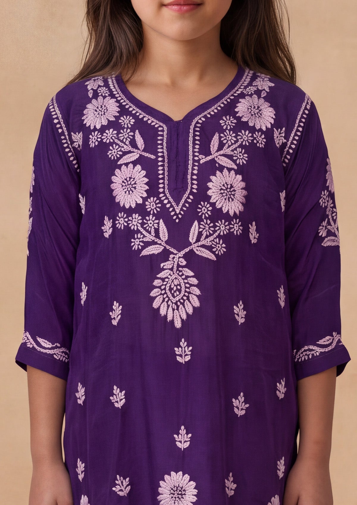 HOC Kids Purple Muslin Chikankari Kurta Set