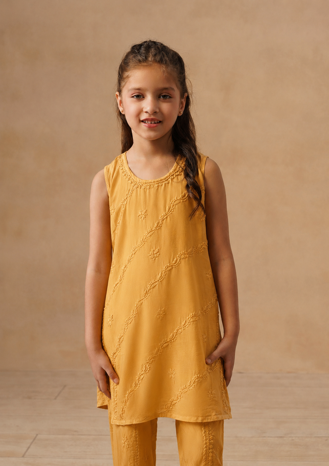 HOC Kids Yellow Muslin Chikankari Kurta Set